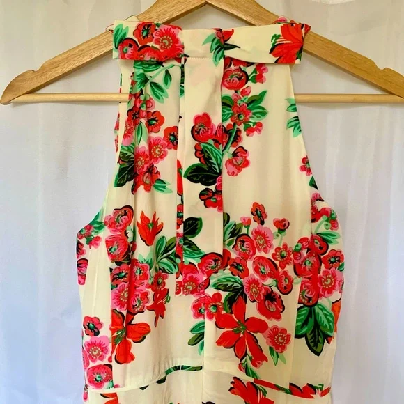Ann Taylor Orange Floral Cream Halter Bow Back Chiffon Fit Flare Dress 0P  Petite
